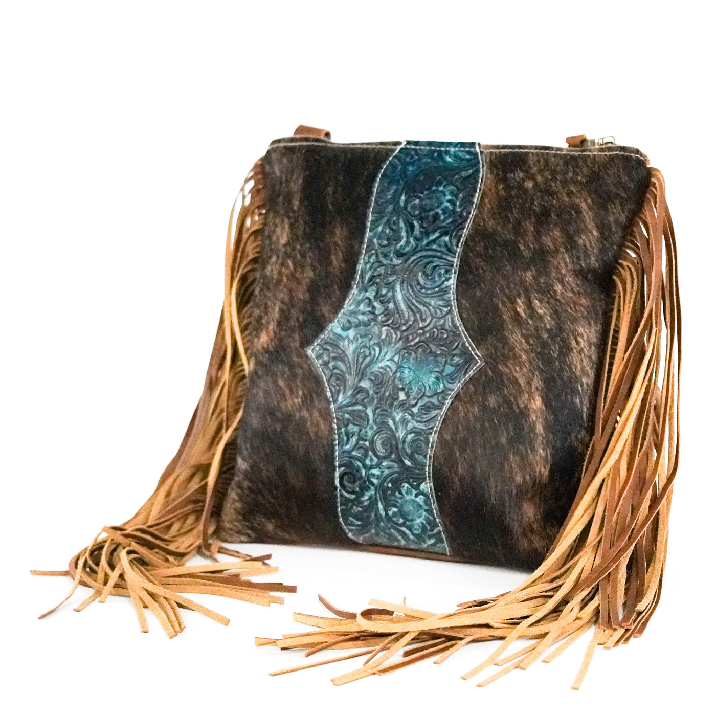 Shania - Dark Brindle w/ Turqouise Wildflower-Shania-Western-Cowhide-Bags-Handmade-Products-Gifts-Dancing Cactus Designs