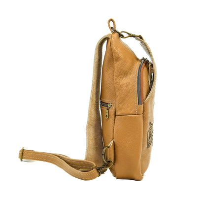 Sling Bag - Latte Leather w/ Engraving-Sling Bag-Western-Cowhide-Bags-Handmade-Products-Gifts-Dancing Cactus Designs