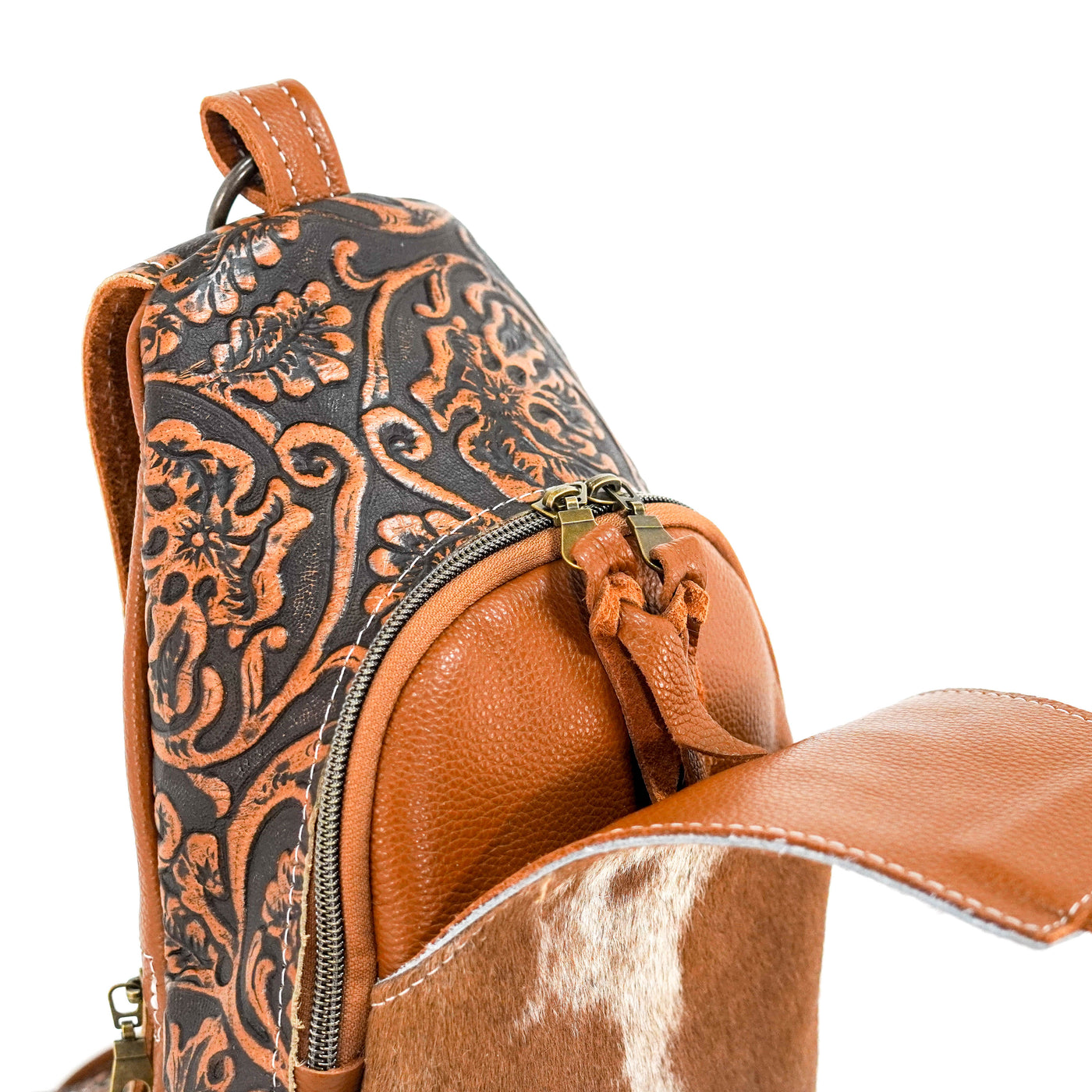 Sling Bag - Longhorn w/ Honey Tool-Sling Bag-Western-Cowhide-Bags-Handmade-Products-Gifts-Dancing Cactus Designs