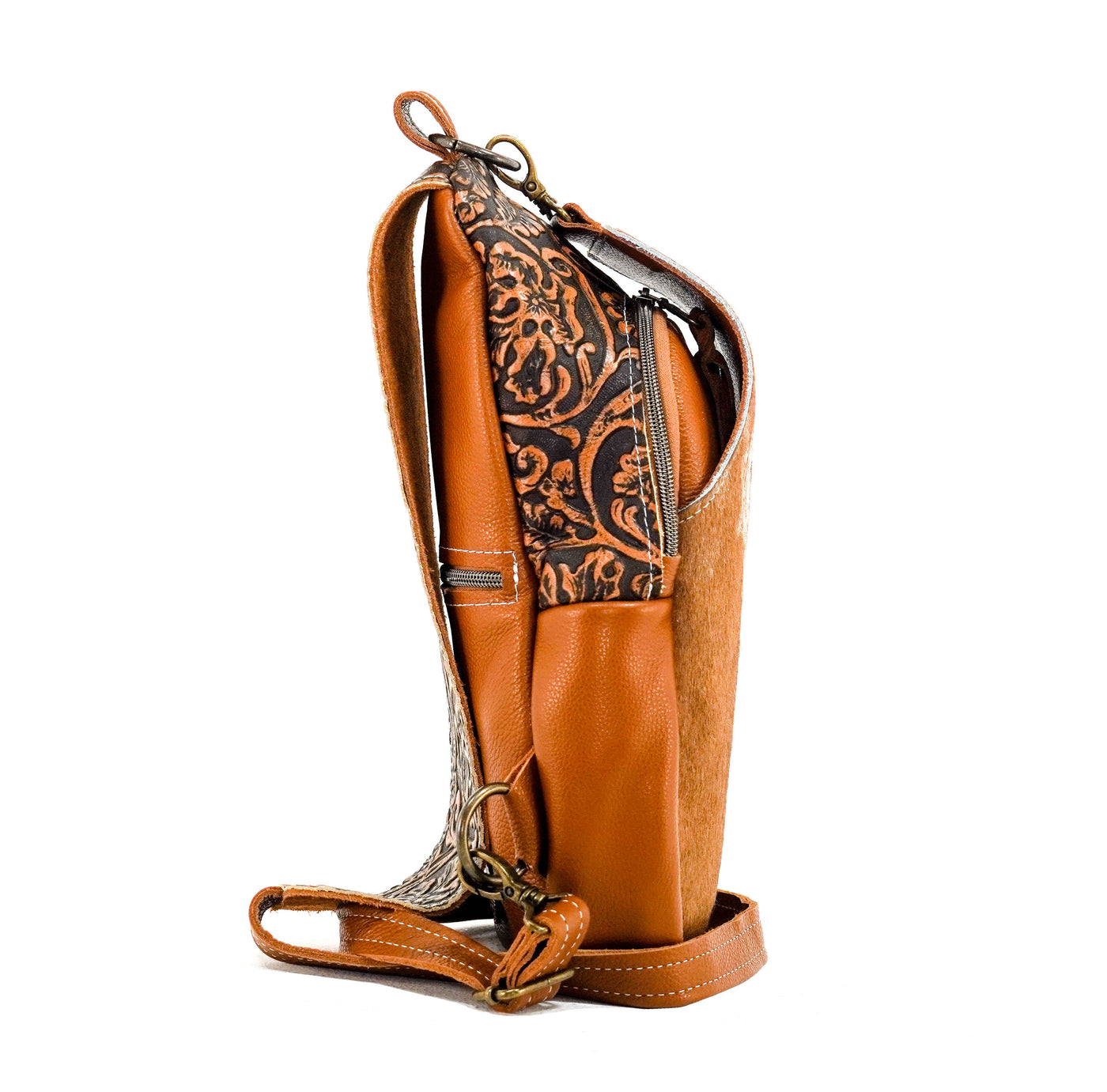Sling Bag - Longhorn w/ Honey Tool-Sling Bag-Western-Cowhide-Bags-Handmade-Products-Gifts-Dancing Cactus Designs
