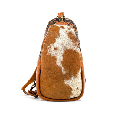 Sling Bag - Longhorn w/ Honey Tool-Sling Bag-Western-Cowhide-Bags-Handmade-Products-Gifts-Dancing Cactus Designs