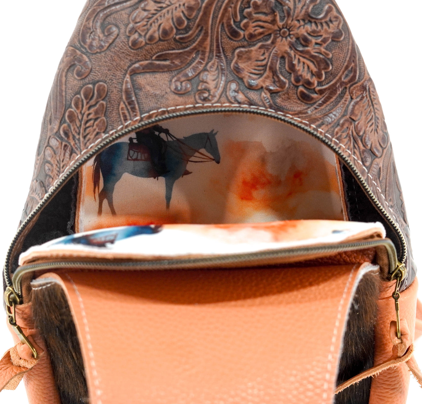 Sling Bag - Red Brindle w/ Cowboy tool-Sling Bag-Western-Cowhide-Bags-Handmade-Products-Gifts-Dancing Cactus Designs