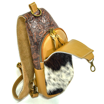 Sling Bag - Tricolor w/ Cowboy tool-Sling Bag-Western-Cowhide-Bags-Handmade-Products-Gifts-Dancing Cactus Designs