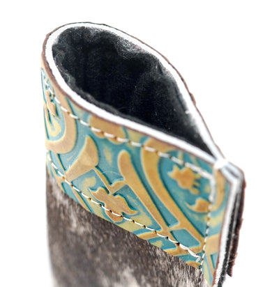 Sunglass Case - Chocolate & White w/ Turquoise Black Jack-Sunglass Case-Western-Cowhide-Bags-Handmade-Products-Gifts-Dancing Cactus Designs
