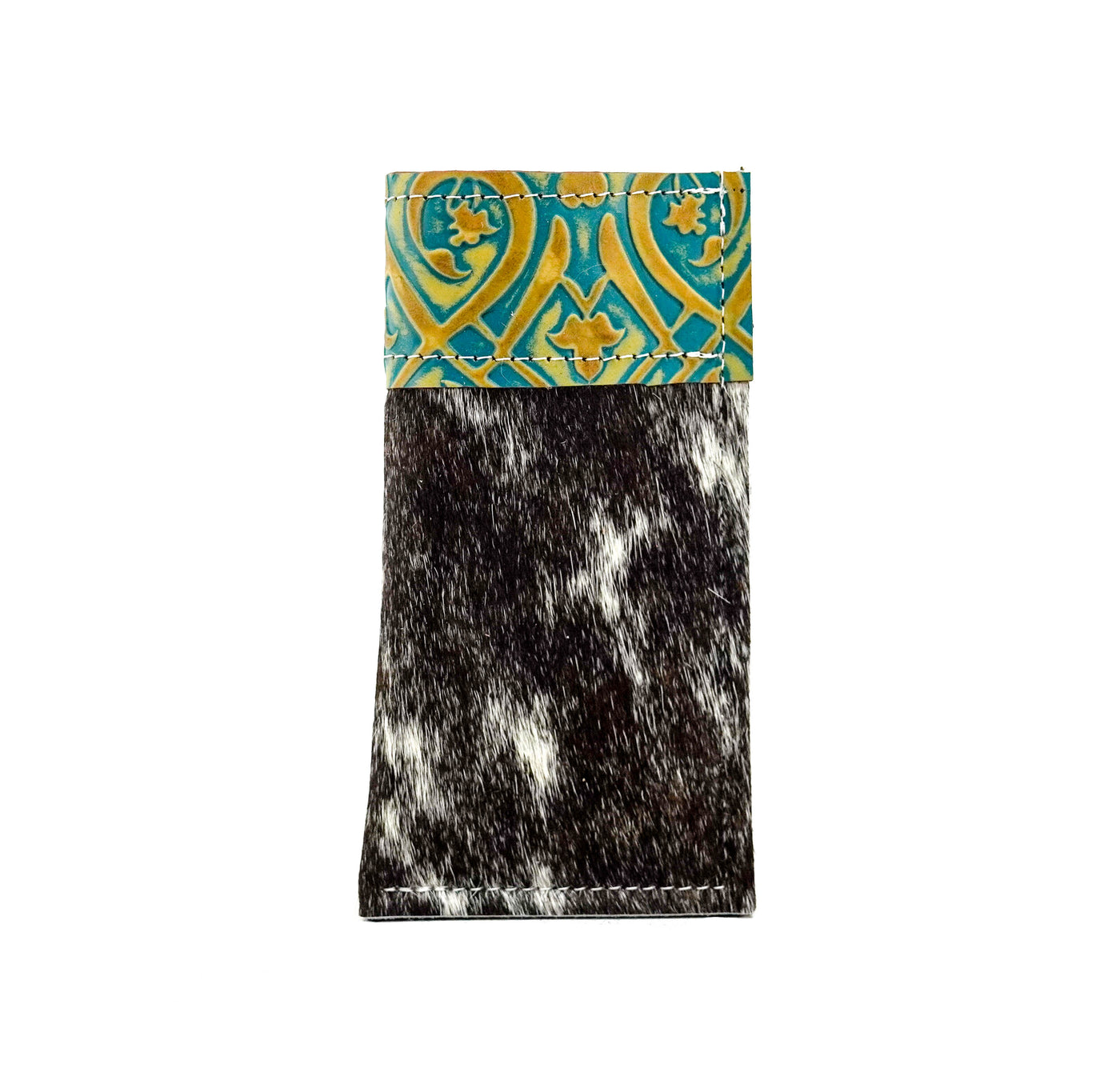 Sunglass Case - Chocolate & White w/ Turquoise Black Jack-Sunglass Case-Western-Cowhide-Bags-Handmade-Products-Gifts-Dancing Cactus Designs