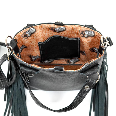 Swift - Black Leather-Swift-Western-Cowhide-Bags-Handmade-Products-Gifts-Dancing Cactus Designs