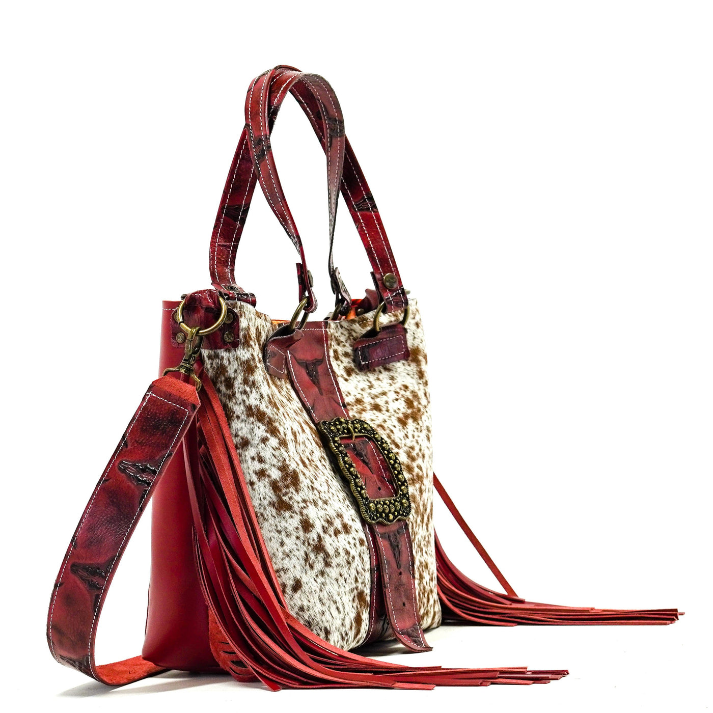 Taylor - Speckled Longhorn w/ Burgundy Skulls-Taylor-Western-Cowhide-Bags-Handmade-Products-Gifts-Dancing Cactus Designs