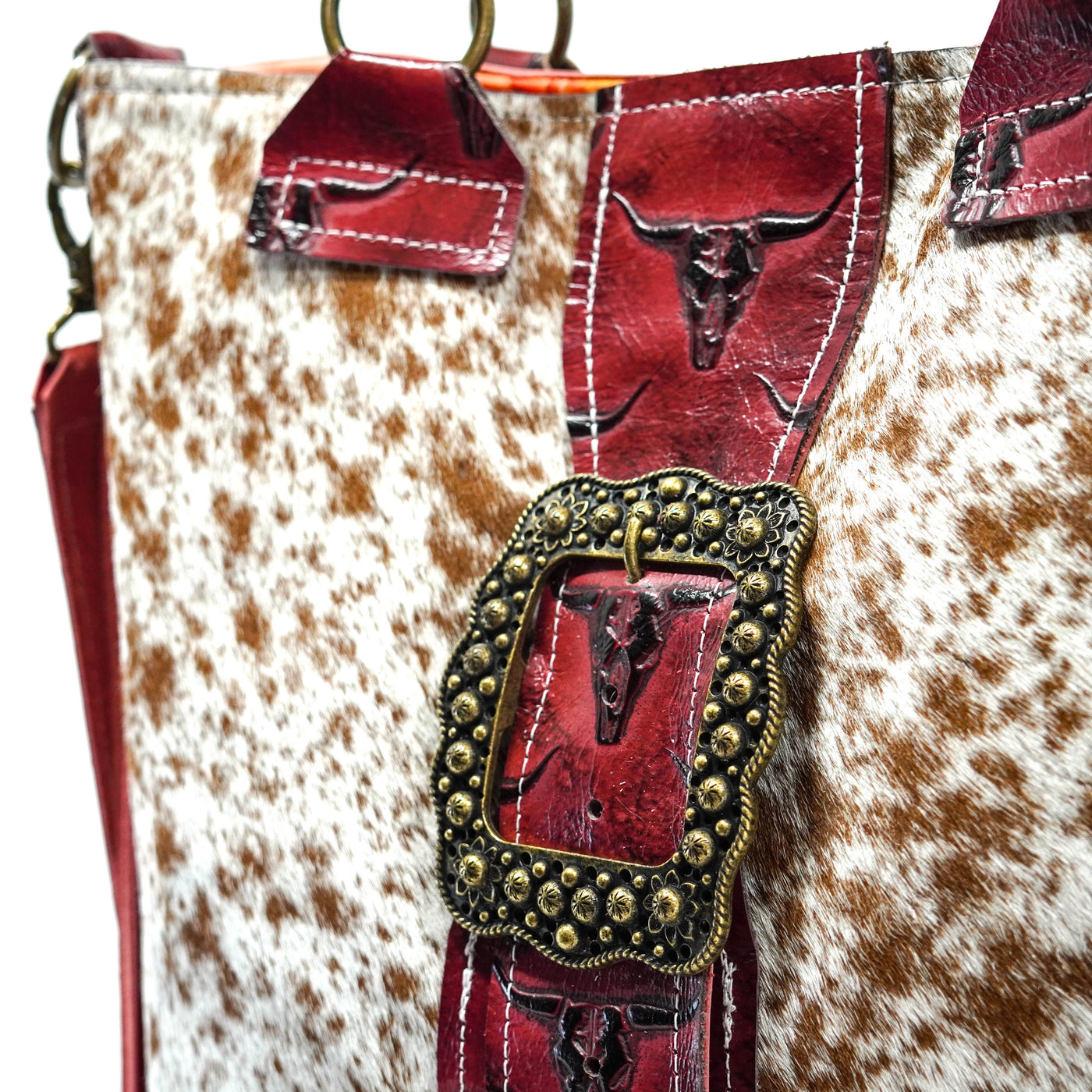 Taylor - Speckled Longhorn w/ Burgundy Skulls-Taylor-Western-Cowhide-Bags-Handmade-Products-Gifts-Dancing Cactus Designs