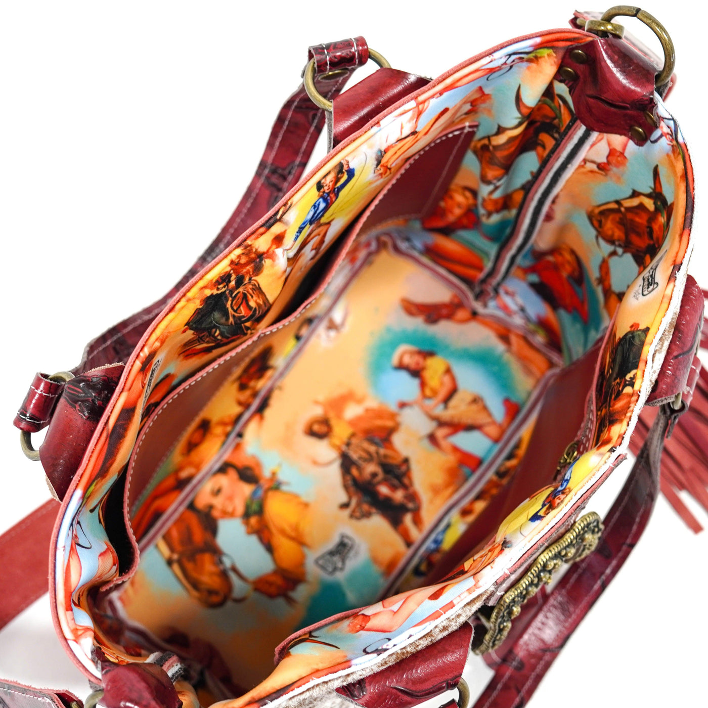 Taylor - Speckled Longhorn w/ Burgundy Skulls-Taylor-Western-Cowhide-Bags-Handmade-Products-Gifts-Dancing Cactus Designs