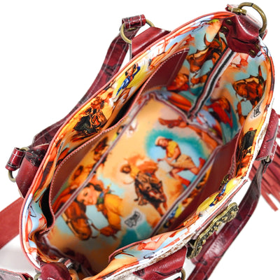 Taylor - Speckled Longhorn w/ Burgundy Skulls-Taylor-Western-Cowhide-Bags-Handmade-Products-Gifts-Dancing Cactus Designs