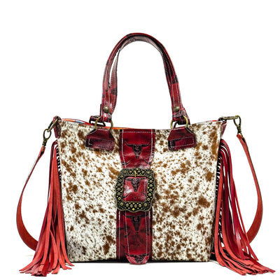 Taylor - Speckled Longhorn w/ Burgundy Skulls-Taylor-Western-Cowhide-Bags-Handmade-Products-Gifts-Dancing Cactus Designs