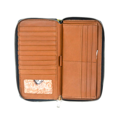 The Stage Coach Wallet - All Embossed w/ Mountain View Skulls-The Stage Coach Wallet-Western-Cowhide-Bags-Handmade-Products-Gifts-Dancing Cactus Designs