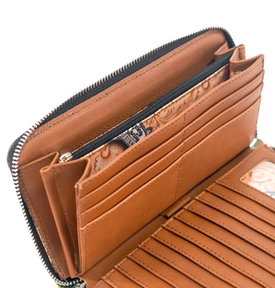 The Stage Coach Wallet - All Embossed w/ Mountain View Skulls-The Stage Coach Wallet-Western-Cowhide-Bags-Handmade-Products-Gifts-Dancing Cactus Designs
