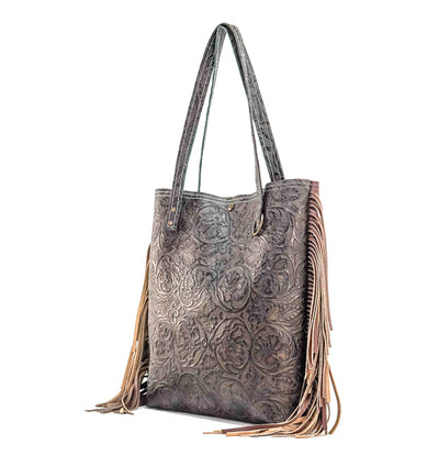 Trisha - All Embossed w/ Dark Chocolate Tool-Trisha-Western-Cowhide-Bags-Handmade-Products-Gifts-Dancing Cactus Designs