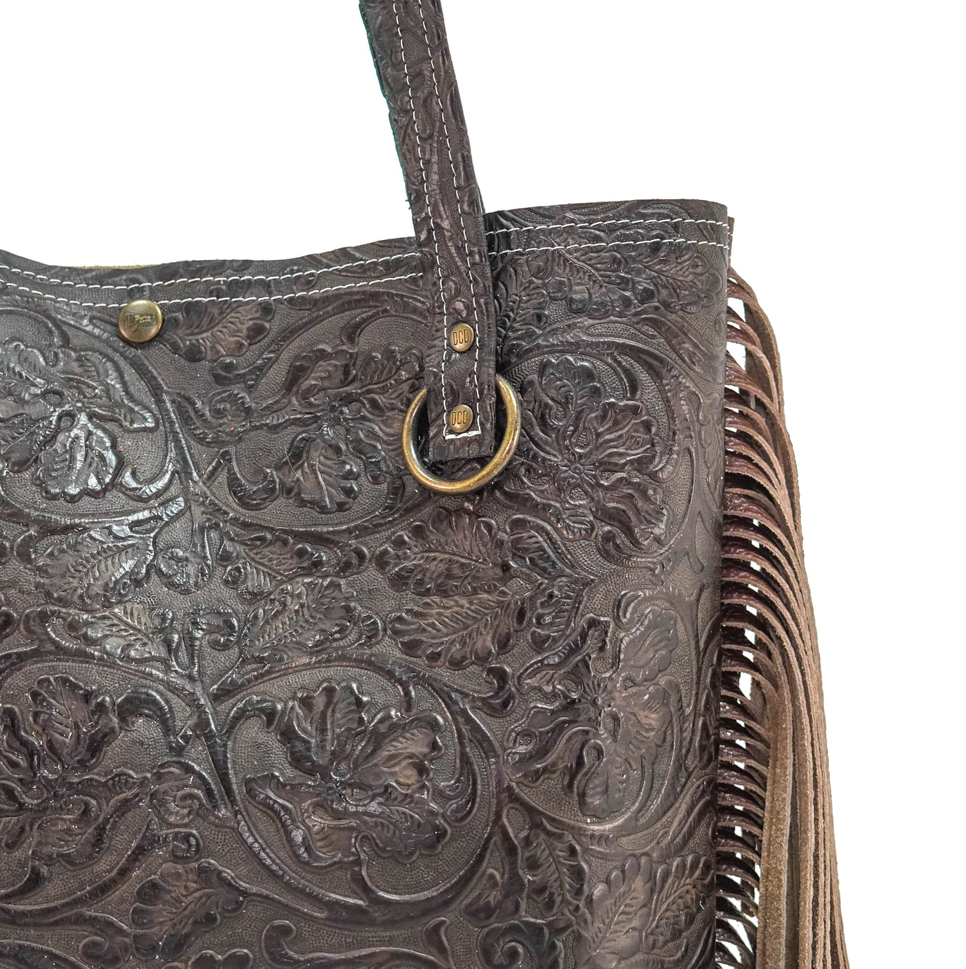 Trisha - All Embossed w/ Dark Chocolate Tool-Trisha-Western-Cowhide-Bags-Handmade-Products-Gifts-Dancing Cactus Designs