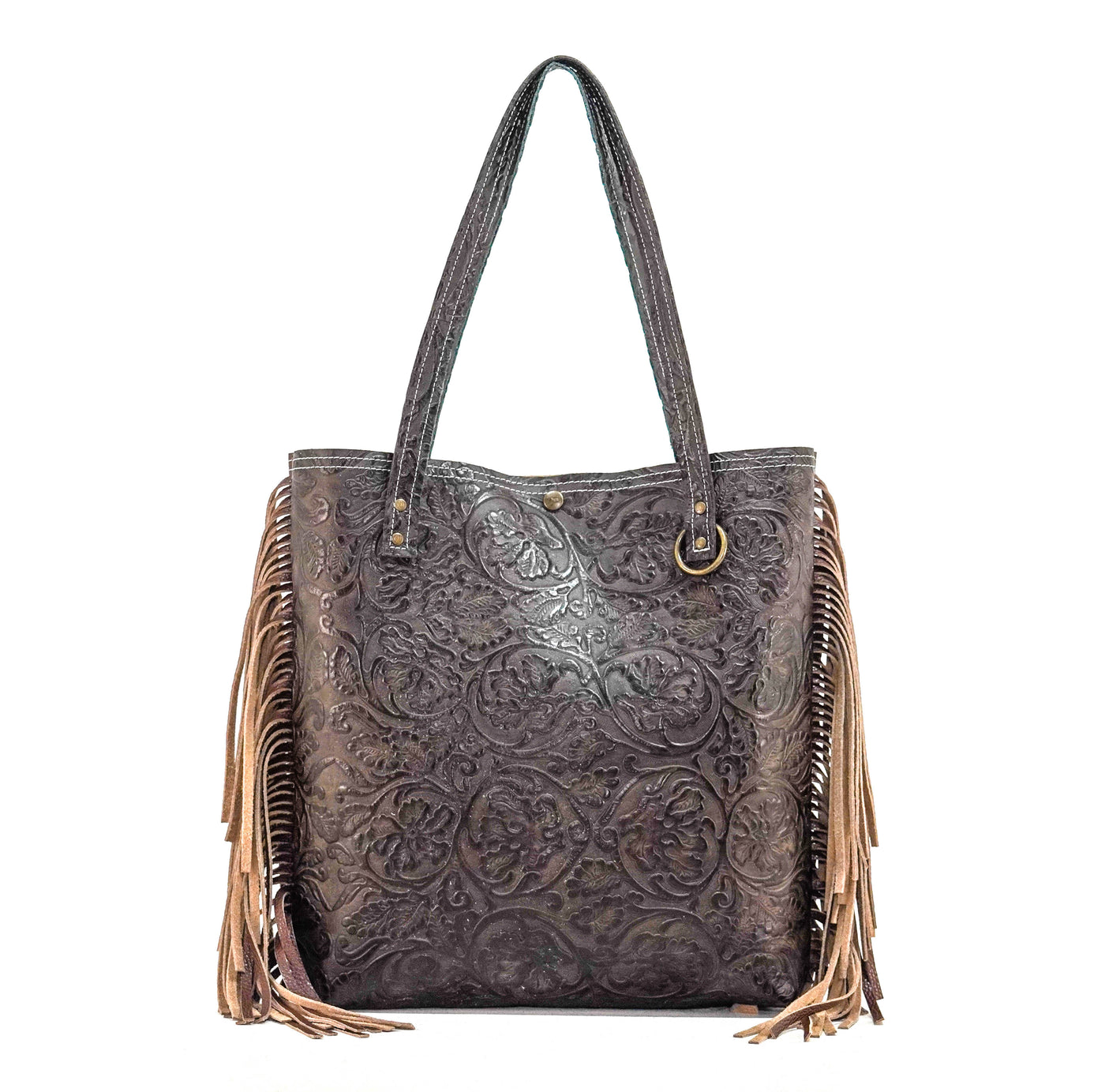 Trisha - All Embossed w/ Dark Chocolate Tool-Trisha-Western-Cowhide-Bags-Handmade-Products-Gifts-Dancing Cactus Designs