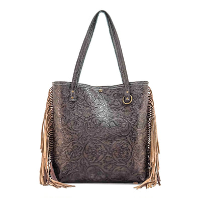 Trisha - All Embossed w/ Dark Chocolate Tool-Trisha-Western-Cowhide-Bags-Handmade-Products-Gifts-Dancing Cactus Designs