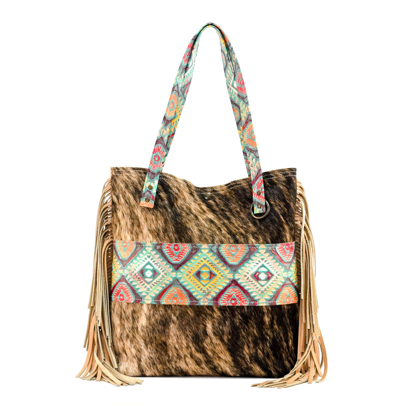 Trisha - Brindle w/ Rainbow Aztec-Trisha-Western-Cowhide-Bags-Handmade-Products-Gifts-Dancing Cactus Designs