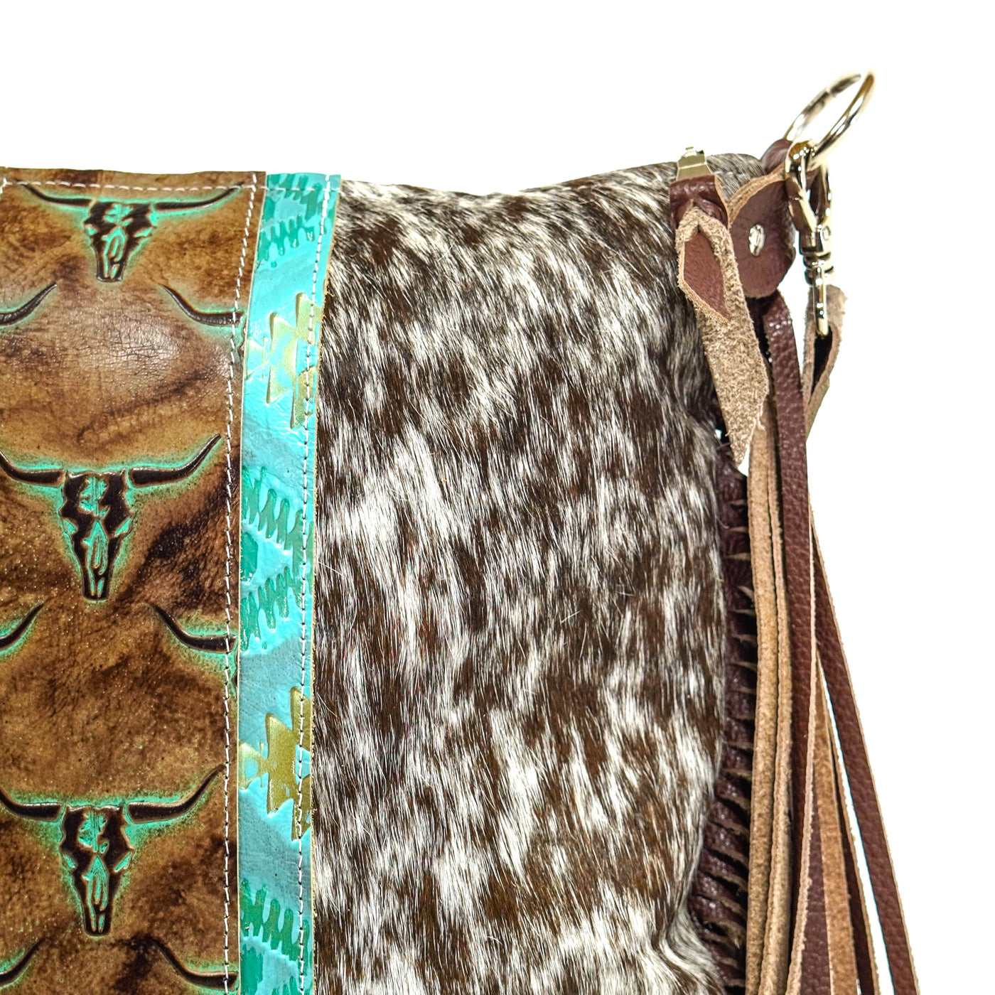 Wynonna - Chocolate & White w/ Patina Skulls-Wynonna-Western-Cowhide-Bags-Handmade-Products-Gifts-Dancing Cactus Designs