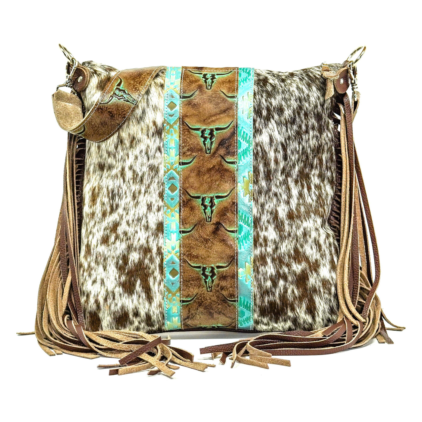 Wynonna - Chocolate & White w/ Patina Skulls-Wynonna-Western-Cowhide-Bags-Handmade-Products-Gifts-Dancing Cactus Designs