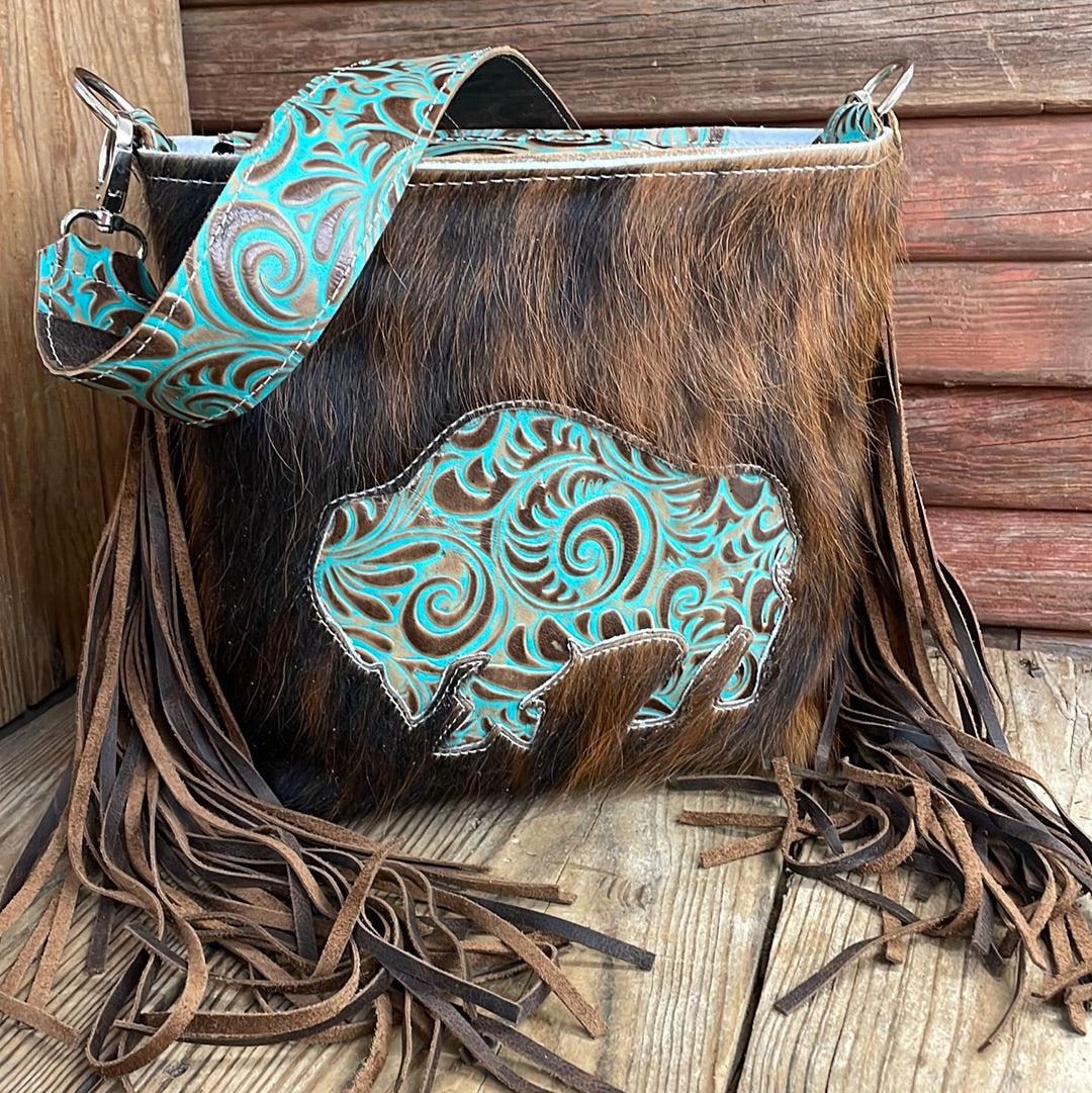 002 Gabby - Tricolor w/ Caracole Buffalo Design-Gabby-Western-Cowhide-Bags-Handmade-Products-Gifts-Dancing Cactus Designs