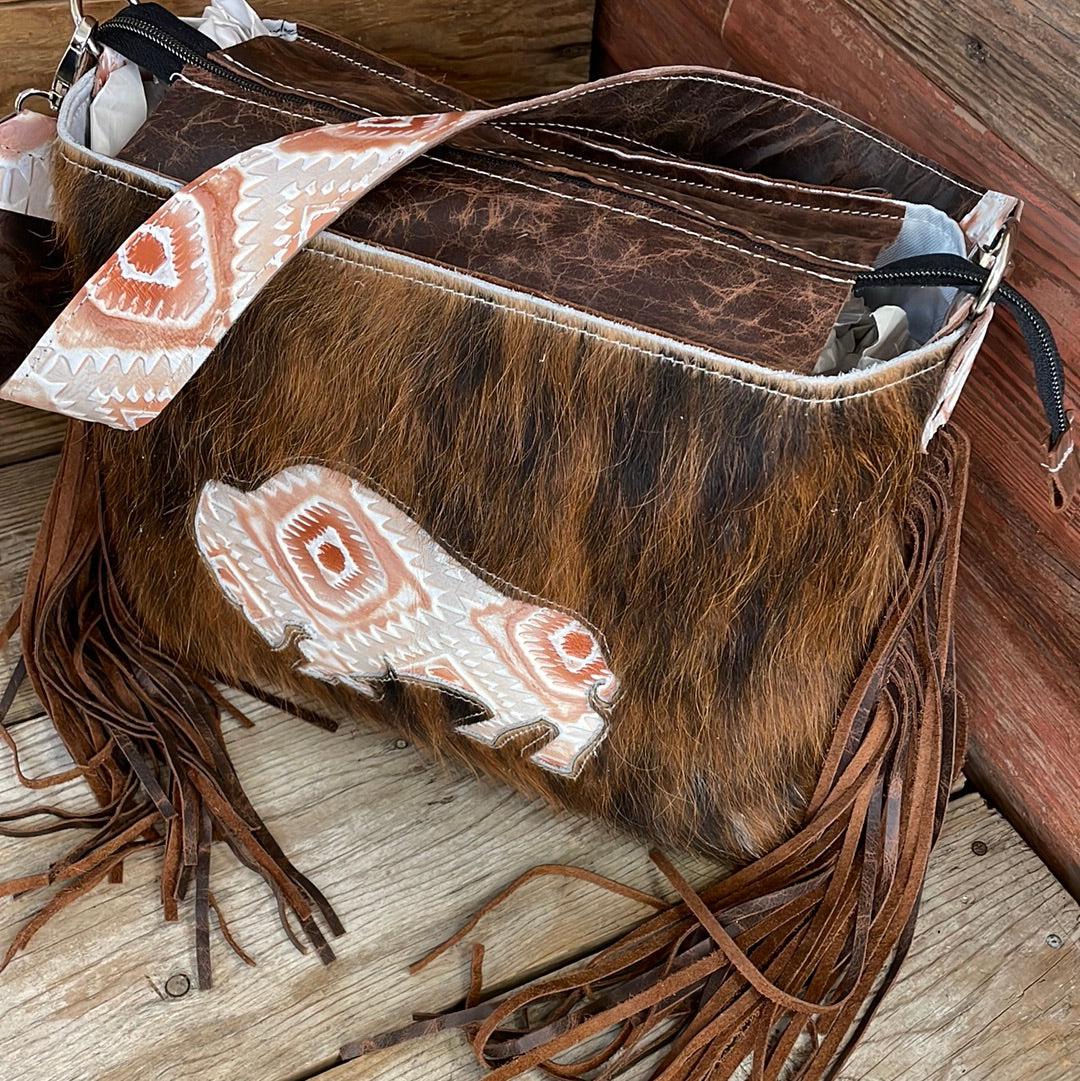 003 Maren - Red Brindle w/ Copper Penny Buffalo Design-Maren-Western-Cowhide-Bags-Handmade-Products-Gifts-Dancing Cactus Designs