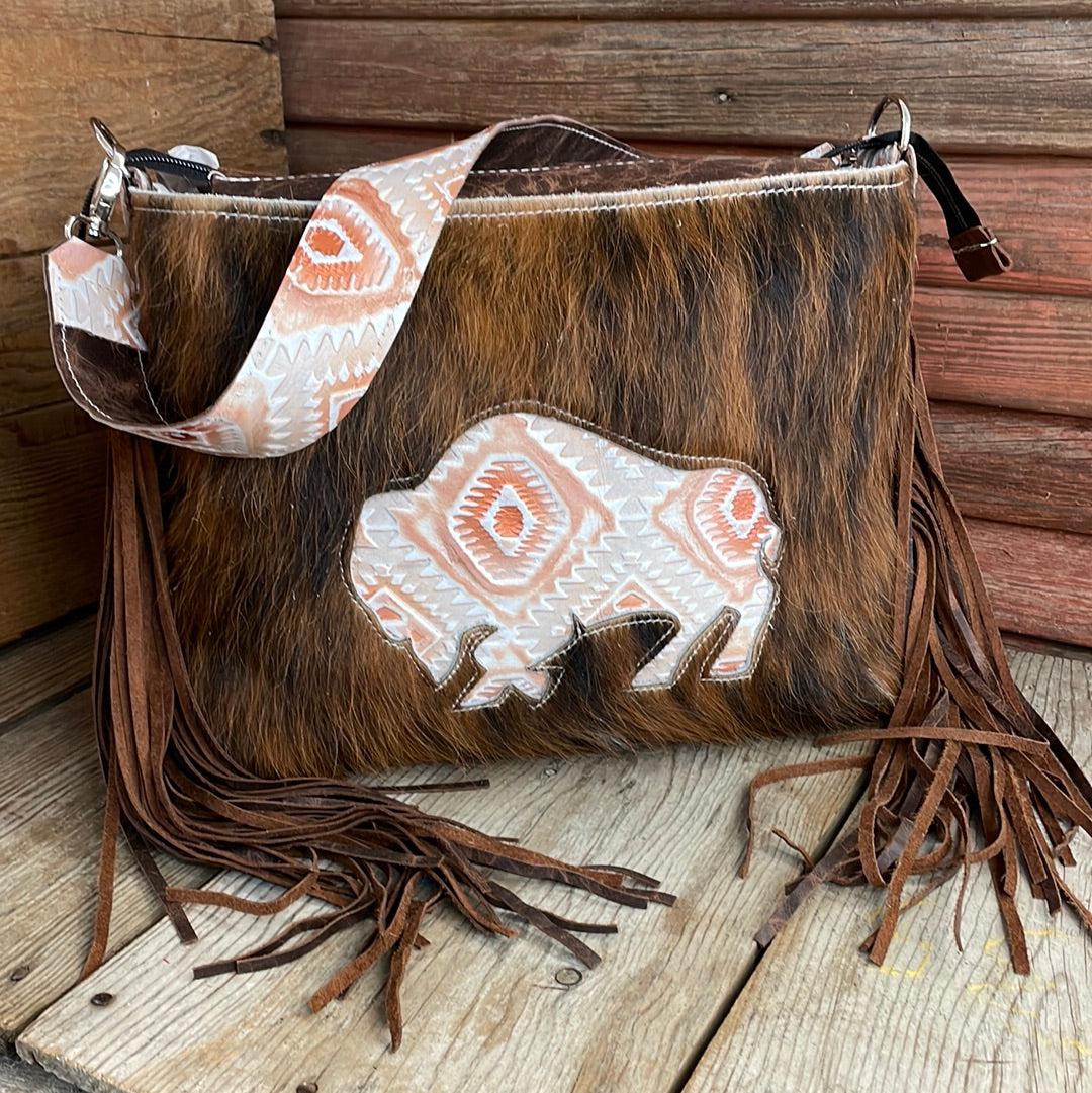 003 Maren - Red Brindle w/ Copper Penny Buffalo Design-Maren-Western-Cowhide-Bags-Handmade-Products-Gifts-Dancing Cactus Designs