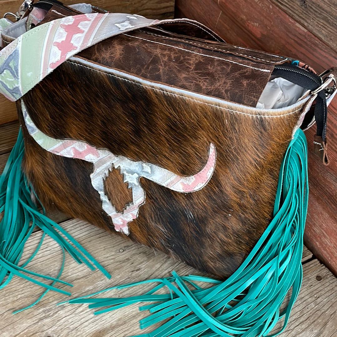 006 Maren - Red Brindle w/ Watermelon Wine Skull Design-Maren-Western-Cowhide-Bags-Handmade-Products-Gifts-Dancing Cactus Designs