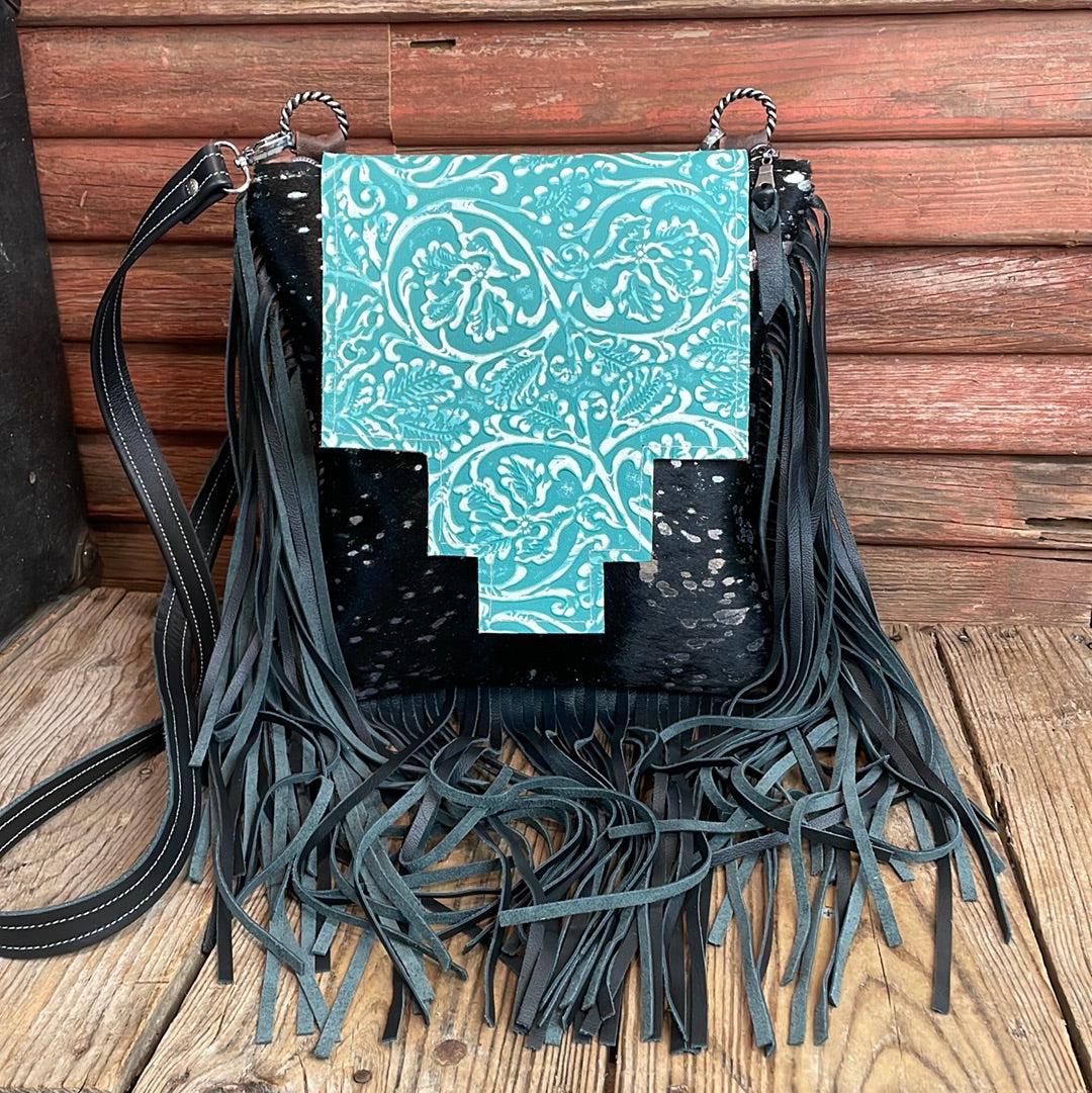 009 Shania - Silver Acid w/ Turquoise Sand Tool Flap-Shania-Western-Cowhide-Bags-Handmade-Products-Gifts-Dancing Cactus Designs