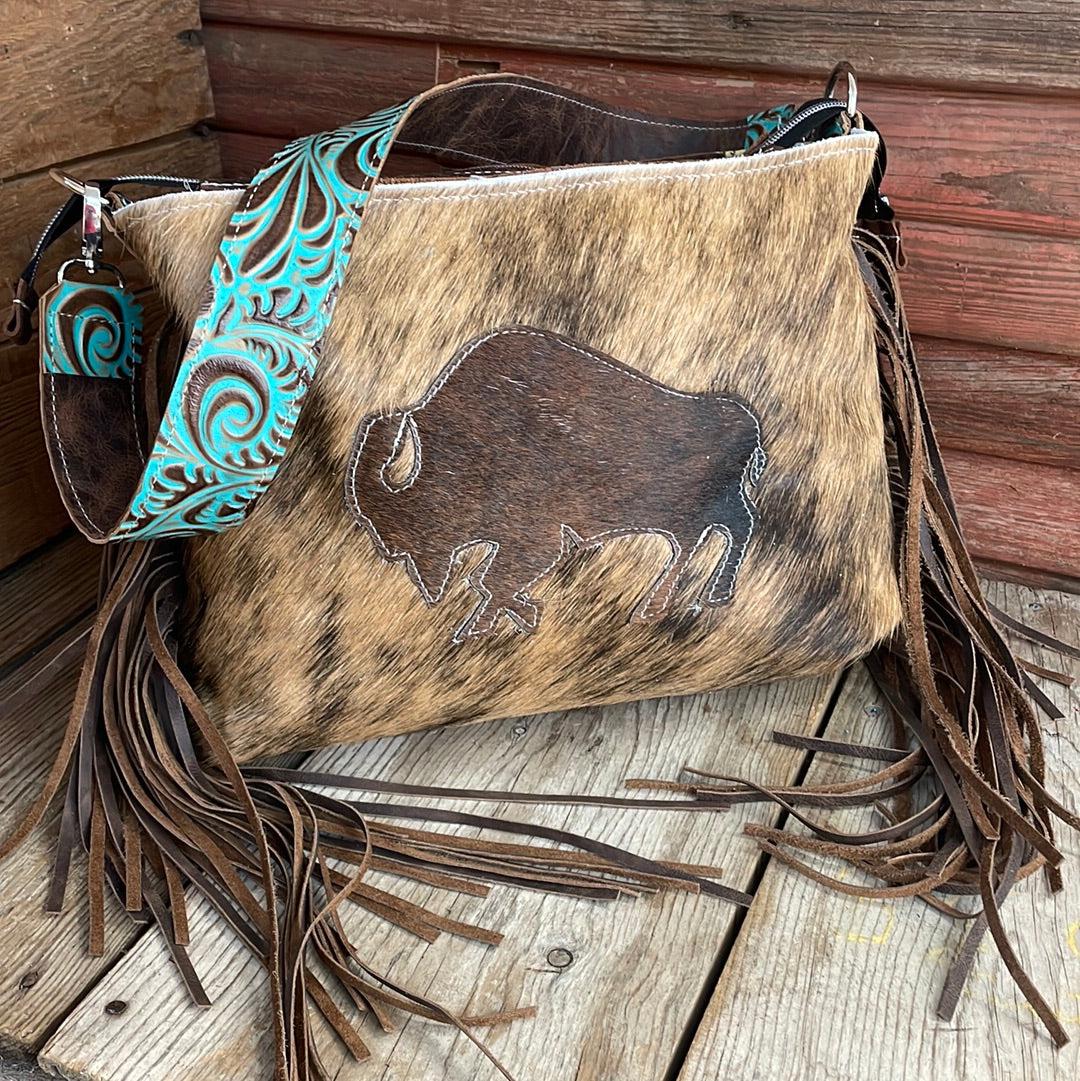 010 Maren - Brindle w/ Buffalo Design-Maren-Western-Cowhide-Bags-Handmade-Products-Gifts-Dancing Cactus Designs