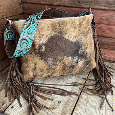 010 Maren - Brindle w/ Buffalo Design-Maren-Western-Cowhide-Bags-Handmade-Products-Gifts-Dancing Cactus Designs