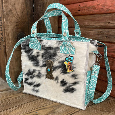 014 Minnie Pearl - Black & White w/ Turquoise Sand Tool w/ Concho-Minnie Pearl-Western-Cowhide-Bags-Handmade-Products-Gifts-Dancing Cactus Designs