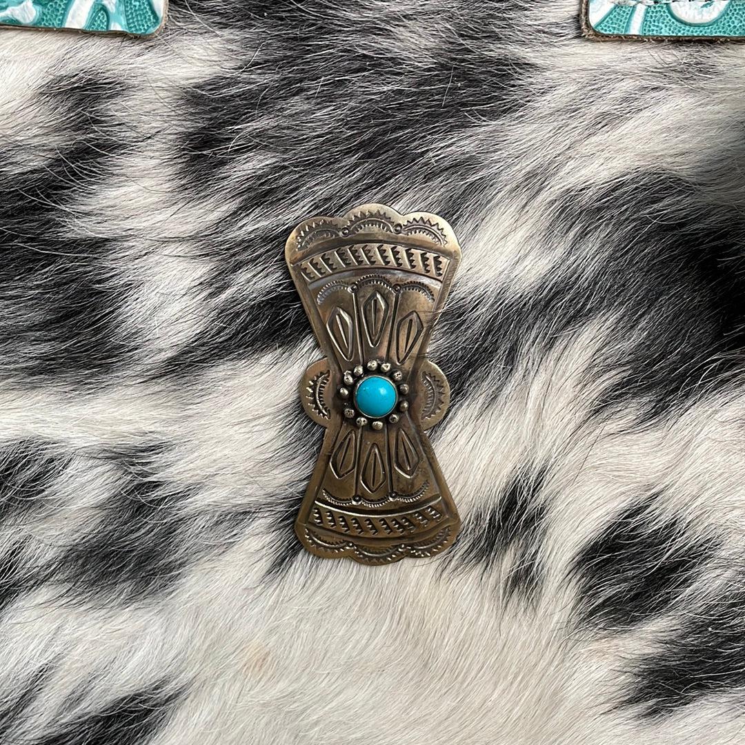 014 Minnie Pearl - Black & White w/ Turquoise Sand Tool w/ Concho-Minnie Pearl-Western-Cowhide-Bags-Handmade-Products-Gifts-Dancing Cactus Designs