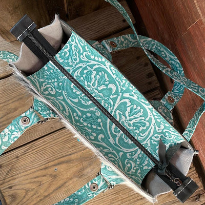 014 Minnie Pearl - Black & White w/ Turquoise Sand Tool w/ Concho-Minnie Pearl-Western-Cowhide-Bags-Handmade-Products-Gifts-Dancing Cactus Designs