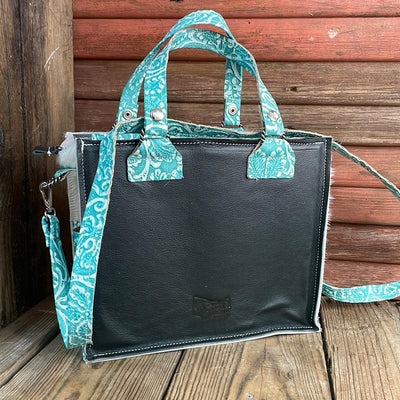 014 Minnie Pearl - Black & White w/ Turquoise Sand Tool w/ Concho-Minnie Pearl-Western-Cowhide-Bags-Handmade-Products-Gifts-Dancing Cactus Designs
