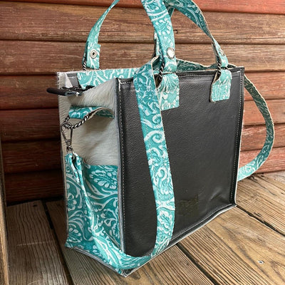 014 Minnie Pearl - Black & White w/ Turquoise Sand Tool w/ Concho-Minnie Pearl-Western-Cowhide-Bags-Handmade-Products-Gifts-Dancing Cactus Designs