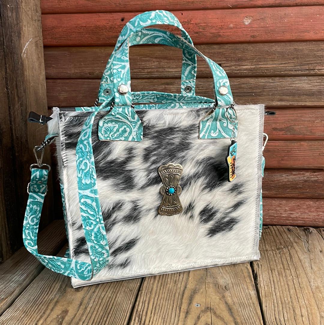 014 Minnie Pearl - Black & White w/ Turquoise Sand Tool w/ Concho-Minnie Pearl-Western-Cowhide-Bags-Handmade-Products-Gifts-Dancing Cactus Designs