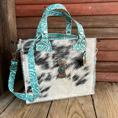 014 Minnie Pearl - Black & White w/ Turquoise Sand Tool w/ Concho-Minnie Pearl-Western-Cowhide-Bags-Handmade-Products-Gifts-Dancing Cactus Designs