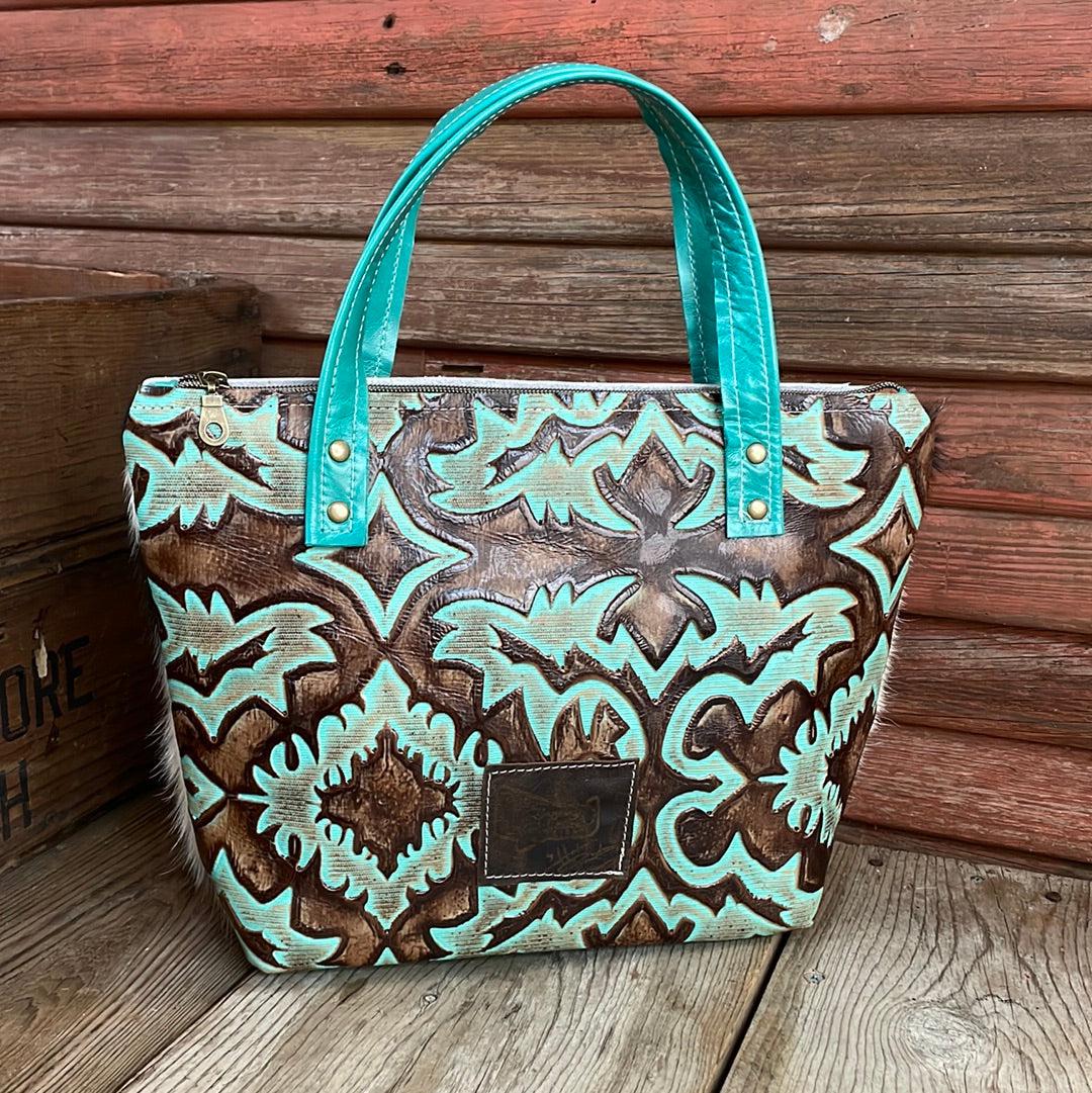 016 Feed Bag - Tricolor w/ Turquoise Laredo-Feed Bag-Western-Cowhide-Bags-Handmade-Products-Gifts-Dancing Cactus Designs