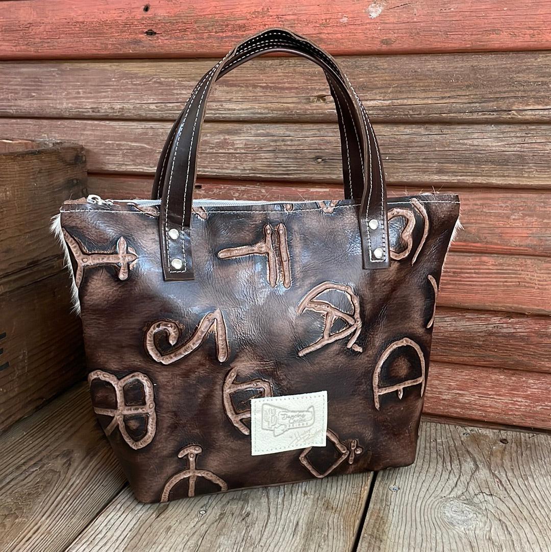 017 Feed Bag - Tricolor w/ Mahogany Brands-Feed Bag-Western-Cowhide-Bags-Handmade-Products-Gifts-Dancing Cactus Designs