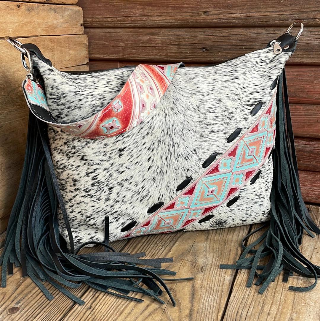 020 Oakley - B&W Speckle w/ Fiesta Navajo-Oakley-Western-Cowhide-Bags-Handmade-Products-Gifts-Dancing Cactus Designs