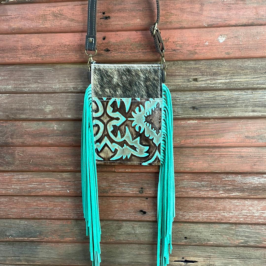 023 Carrie - Brindle w/ Turquoise Laredo-Carrie-Western-Cowhide-Bags-Handmade-Products-Gifts-Dancing Cactus Designs