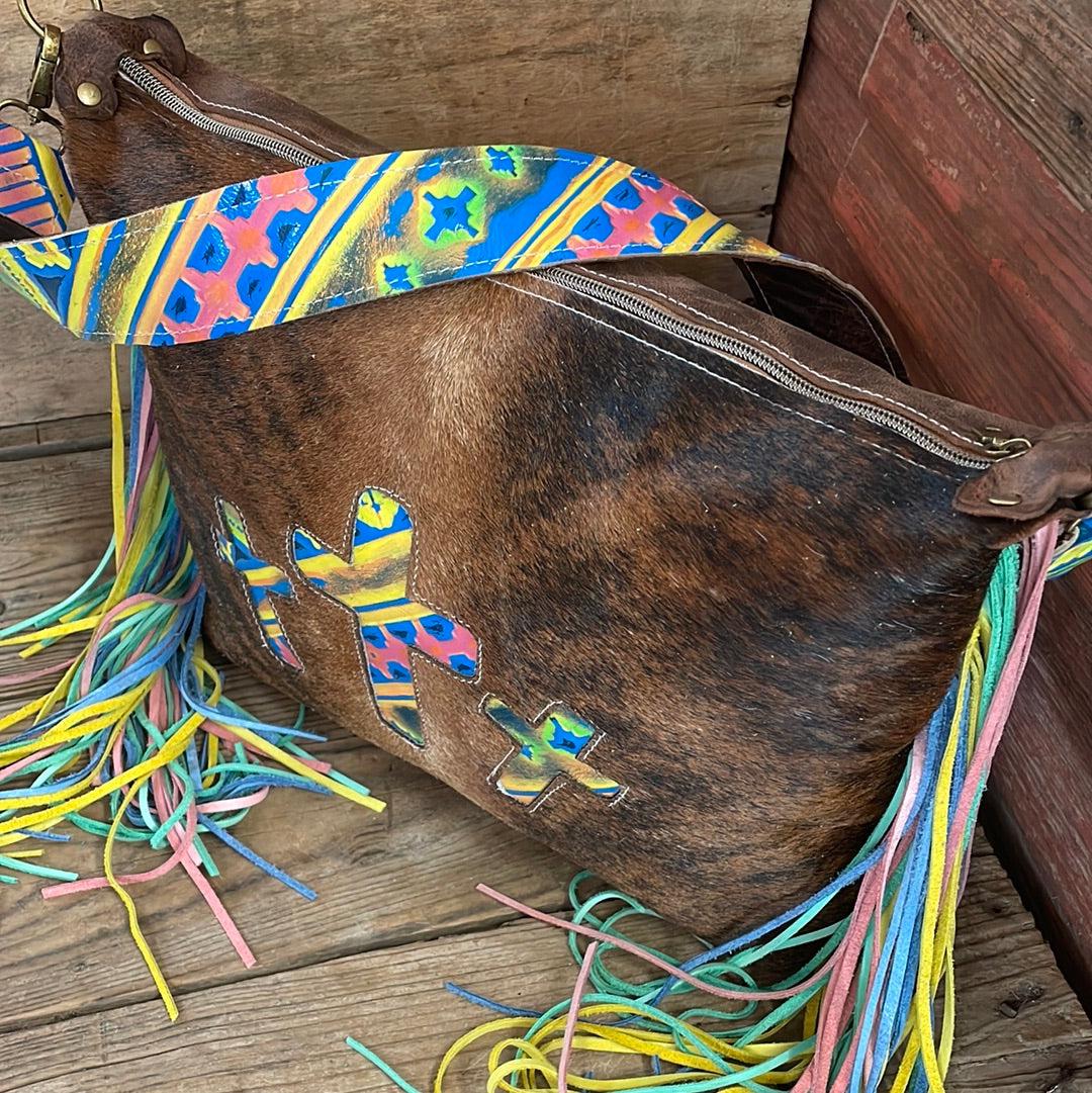 023 Oakley - Red Brindle w/ Neon Trip Crosses-Oakley-Western-Cowhide-Bags-Handmade-Products-Gifts-Dancing Cactus Designs