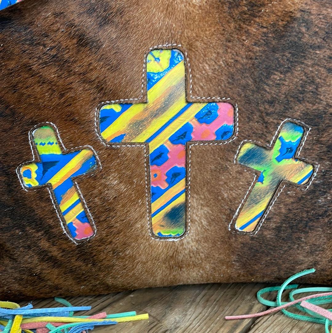 023 Oakley - Red Brindle w/ Neon Trip Crosses-Oakley-Western-Cowhide-Bags-Handmade-Products-Gifts-Dancing Cactus Designs