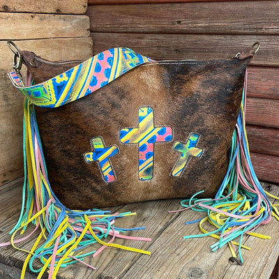 023 Oakley - Red Brindle w/ Neon Trip Crosses-Oakley-Western-Cowhide-Bags-Handmade-Products-Gifts-Dancing Cactus Designs