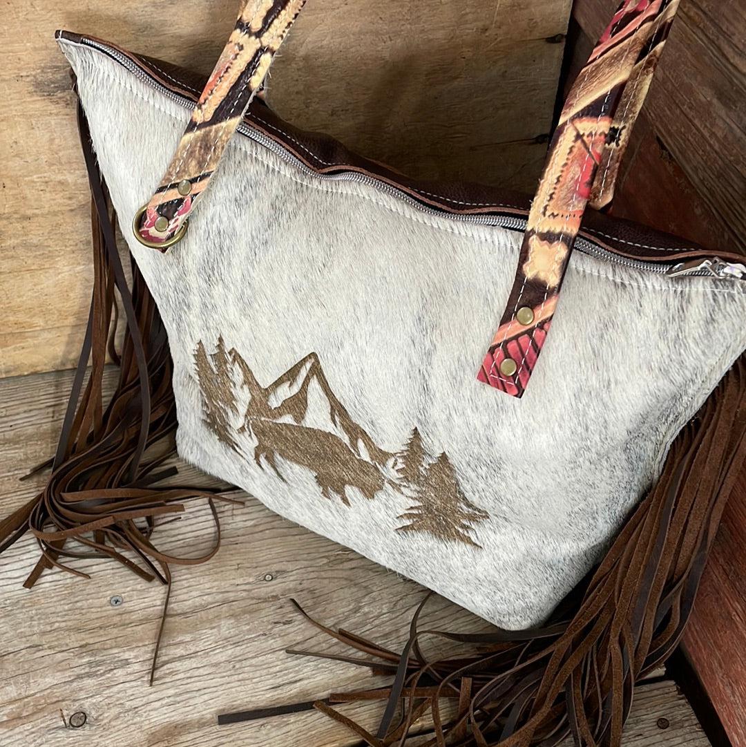 029 June - Grey Brindle w/ Summit Fire & Buffalo Scene Design-June-Western-Cowhide-Bags-Handmade-Products-Gifts-Dancing Cactus Designs