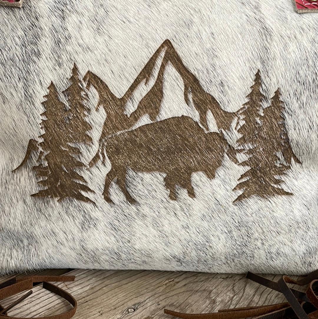 029 June - Grey Brindle w/ Summit Fire & Buffalo Scene Design-June-Western-Cowhide-Bags-Handmade-Products-Gifts-Dancing Cactus Designs