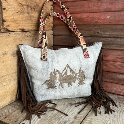 029 June - Grey Brindle w/ Summit Fire & Buffalo Scene Design-June-Western-Cowhide-Bags-Handmade-Products-Gifts-Dancing Cactus Designs