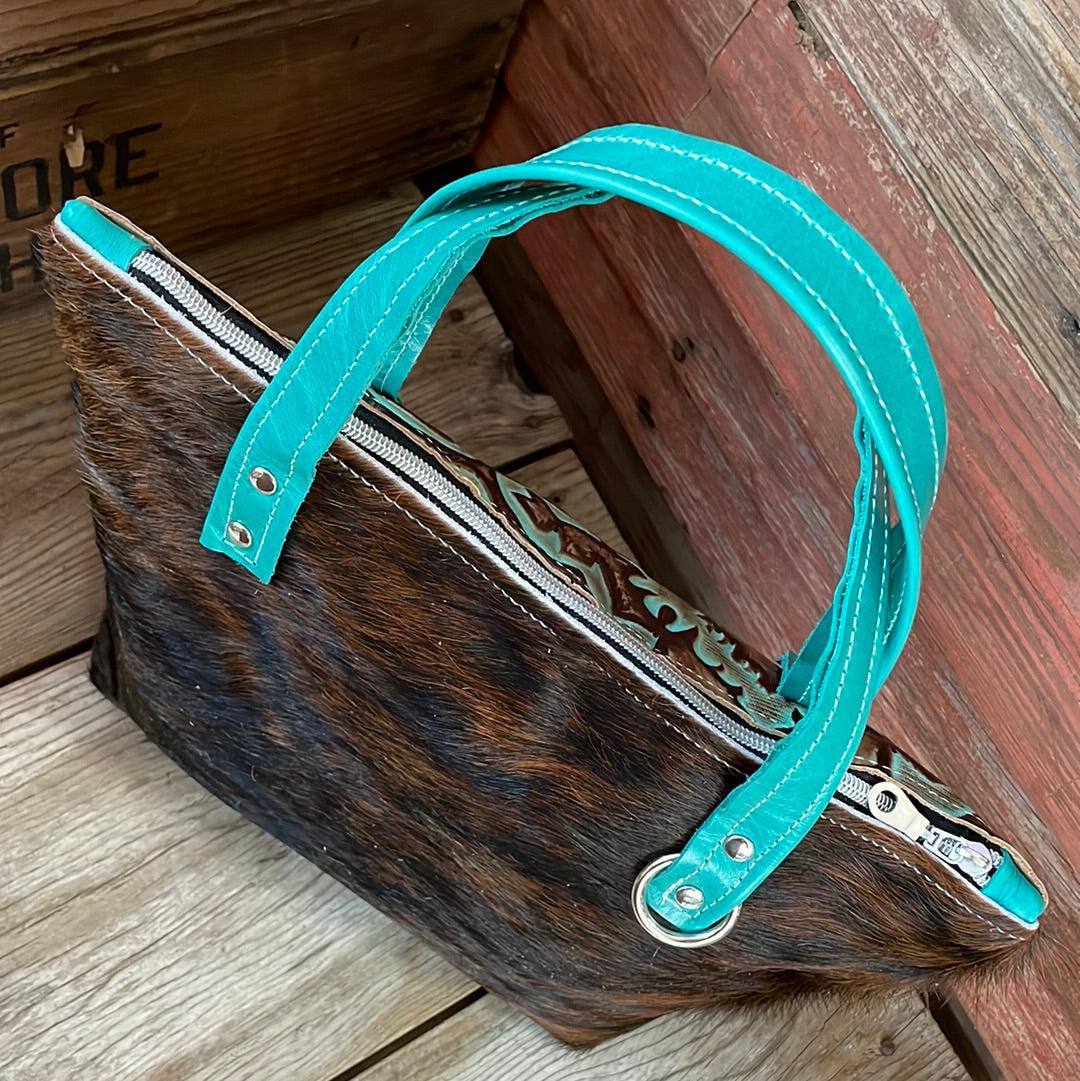 030 Feed Bag - Dark Brindle w/ Turquoise Laredo-Feed Bag-Western-Cowhide-Bags-Handmade-Products-Gifts-Dancing Cactus Designs