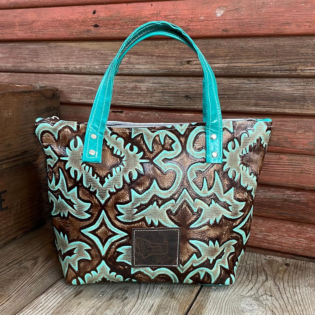 030 Feed Bag - Dark Brindle w/ Turquoise Laredo-Feed Bag-Western-Cowhide-Bags-Handmade-Products-Gifts-Dancing Cactus Designs